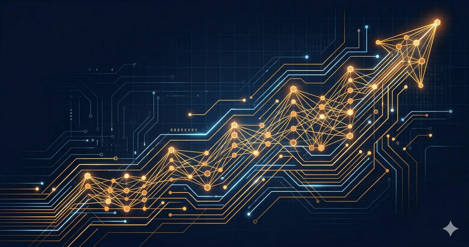 Abstract editorial illustration showing AI neural network data flows and portfolio chart bars in navy blue and amber gold — best AI ETFs investor guide 2026