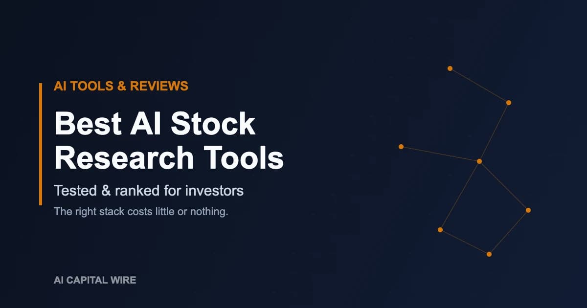 Editorial graphic ranking the best AI stock research tools for investors including TradingView and Seeking Alpha