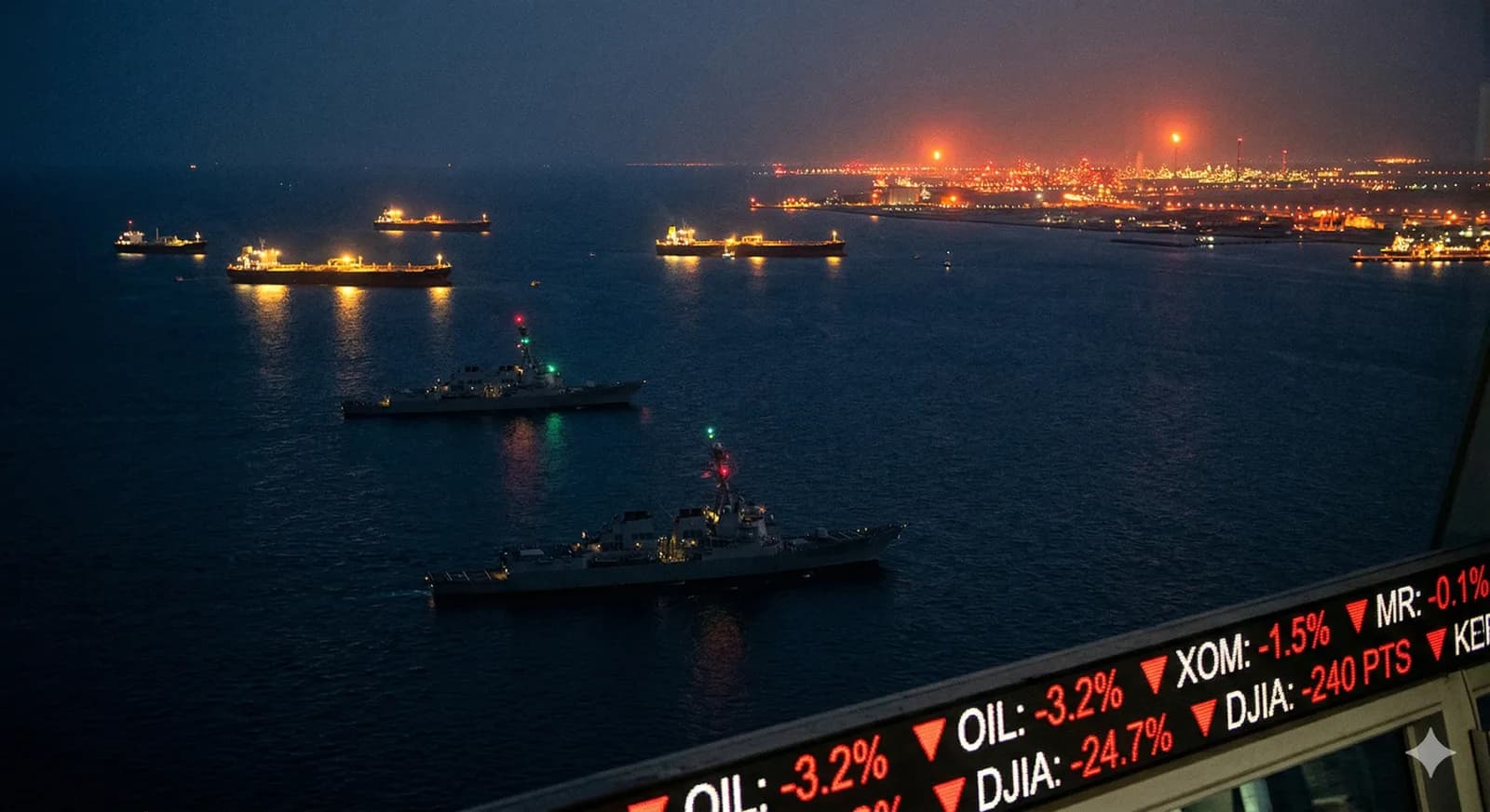 Illustration of the Dow in correction against a blockaded Strait of Hormuz shipping lane
