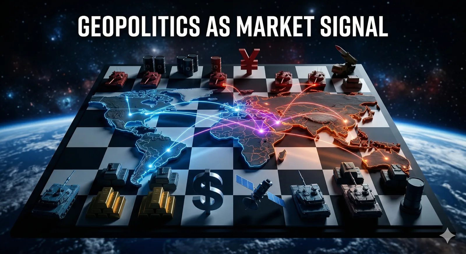 Illustration of a world map overlaid with market indicators, showing geopolitics read as a trading signal