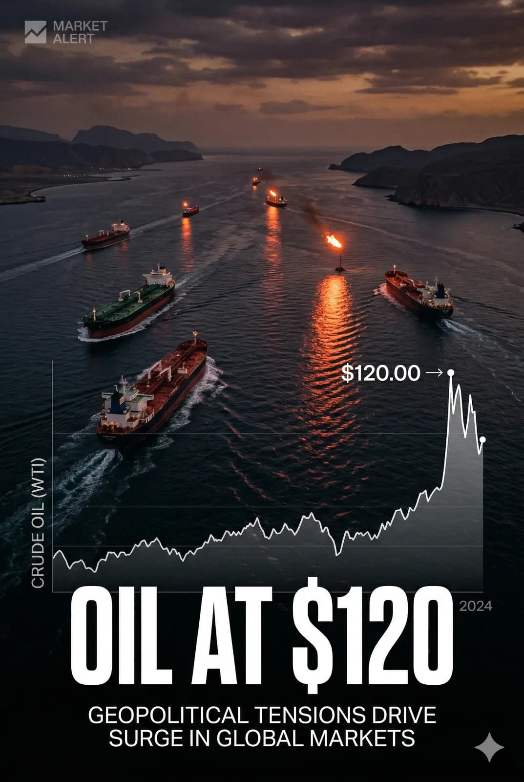Illustration of crude oil at 120 dollars a barrel driven by conflict with Iran