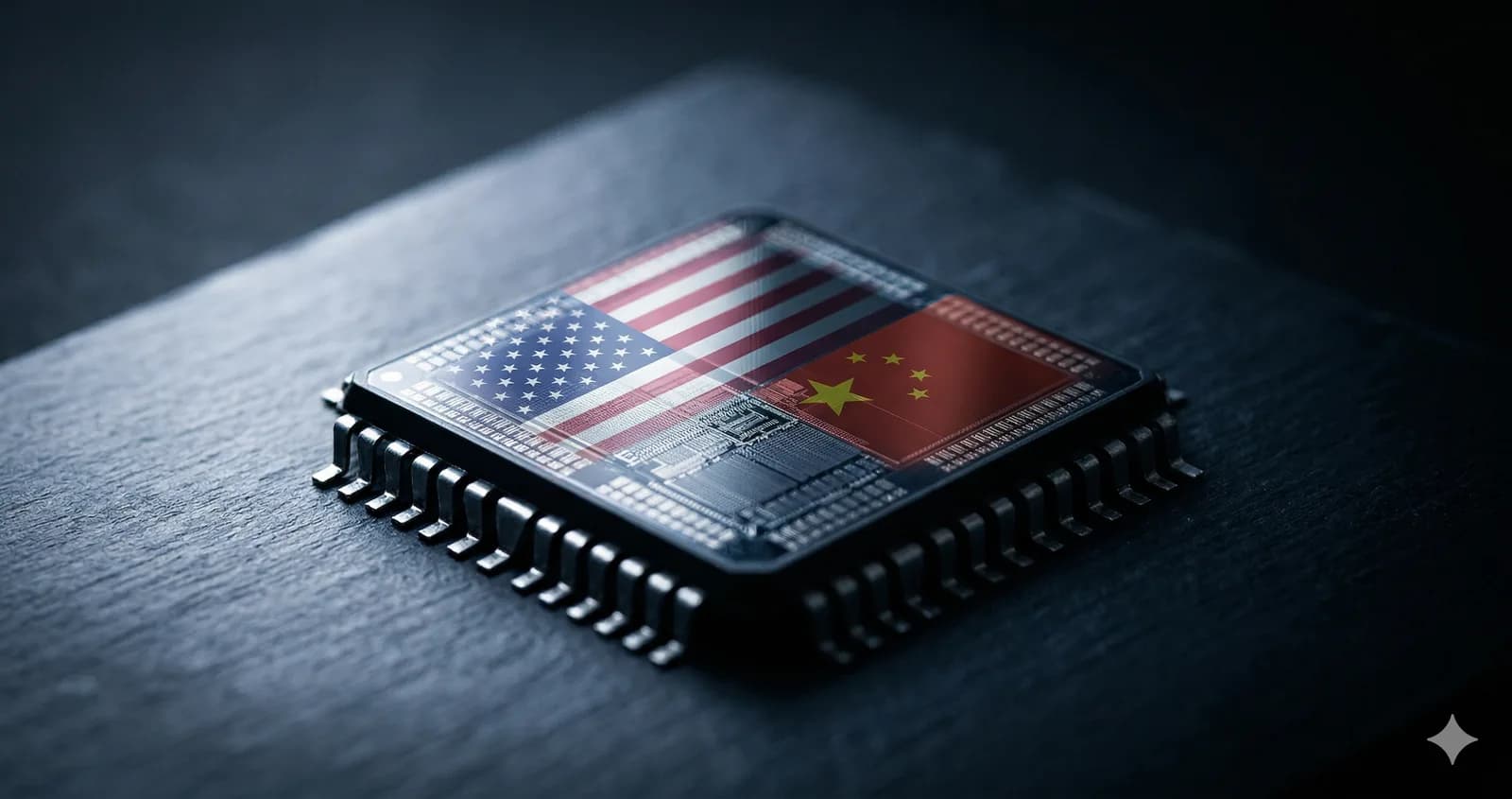 Semiconductor chip with US and Chinese flags reflected on its surface representing the Trump H200 export tariff decision affecting NVDA and AMD investors