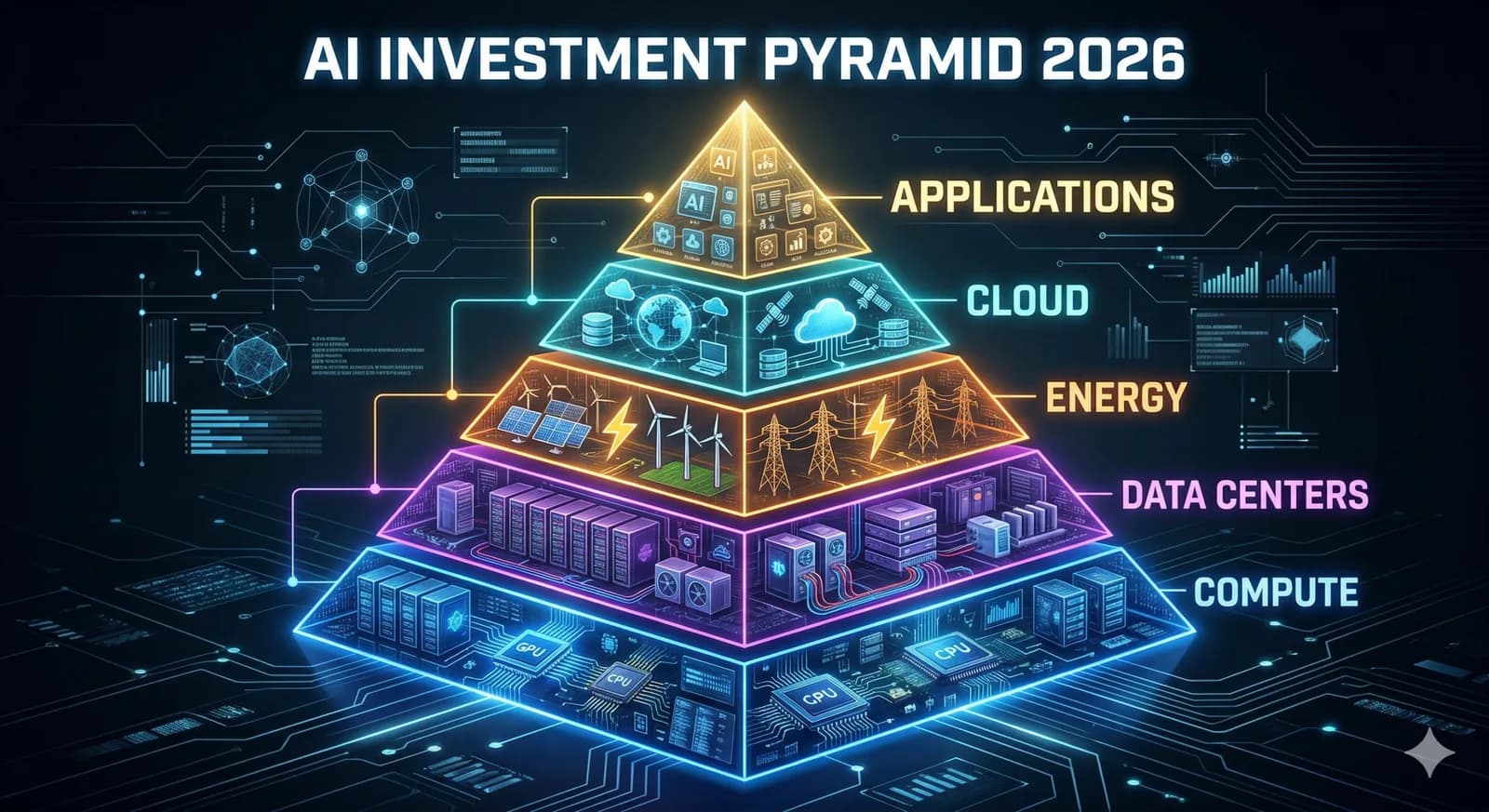 Illustration of a layered AI investment portfolio split between core holdings and satellite positions