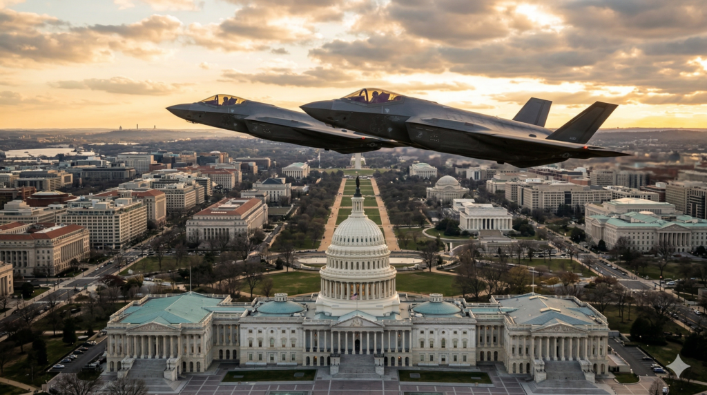 Two F-35 stealth fighter jets flying over Washington DC Capitol building, US defense budget 2026