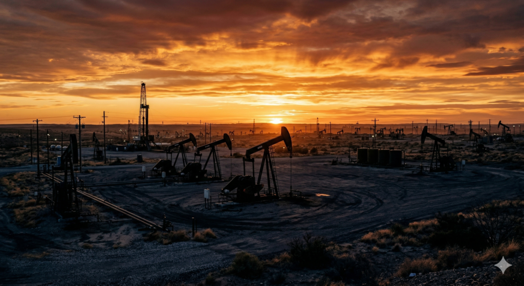 Oil pump jacks in Texas oil field at golden hour sunset – best oil stocks to buy in 2026 including CVX XOM COP