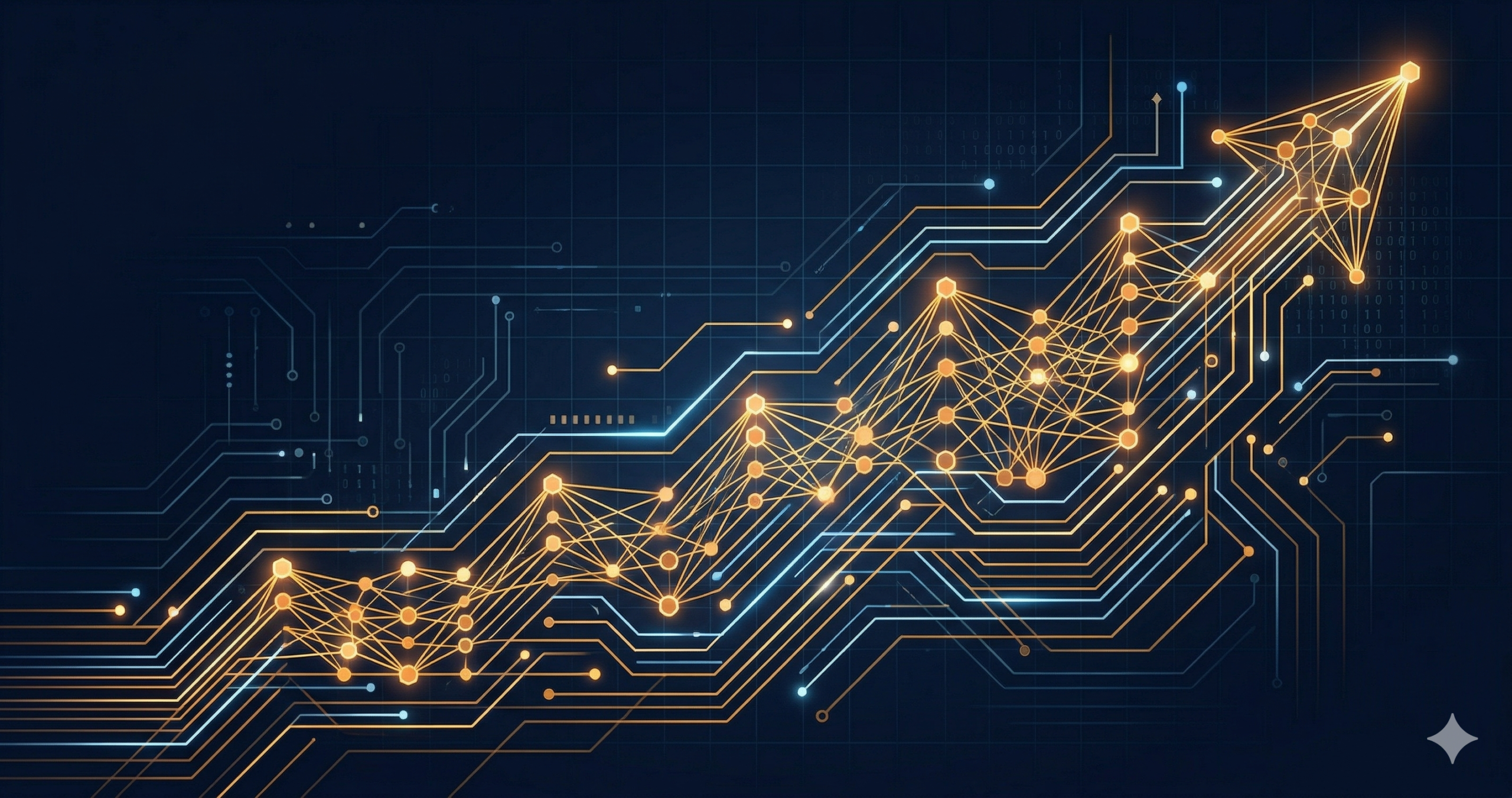 Abstract editorial illustration showing AI neural network data flows and portfolio performance chart bars in navy blue and amber gold — best AI ETFs investor guide 2026