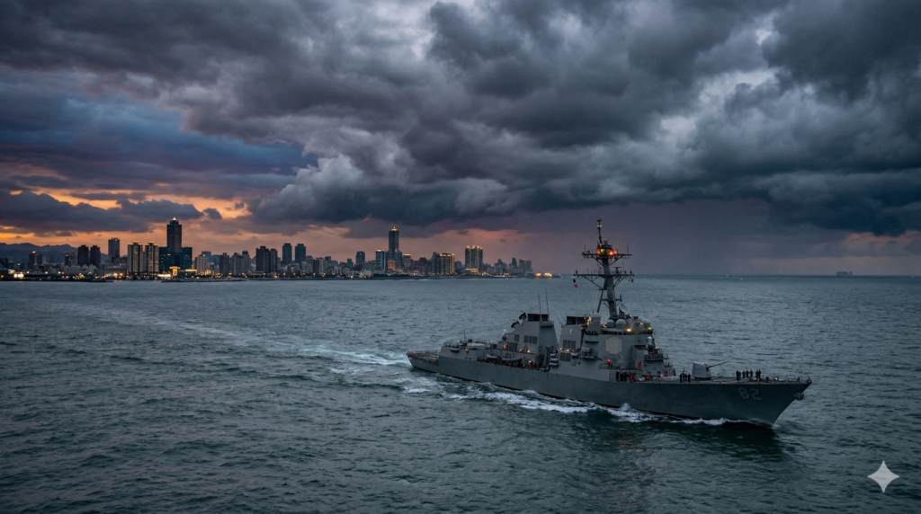 US Navy destroyer patrolling the Taiwan Strait with Taiwan city skyline amid China military tensions 2026