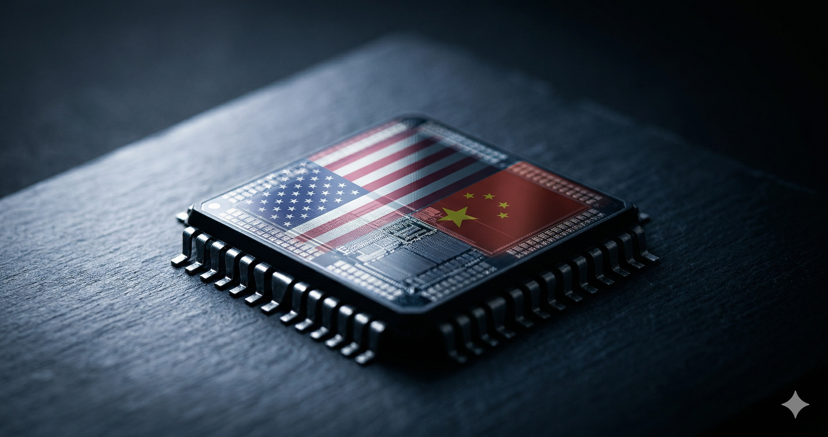 Semiconductor chip with US and Chinese flags reflected on its surface representing the Trump H200 export tariff decision affecting NVDA and AMD investors