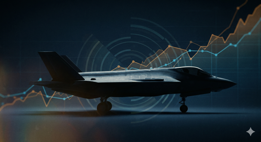 US military aircraft and defense infrastructure with stock market , overlay — best defense stocks to buy in 2026