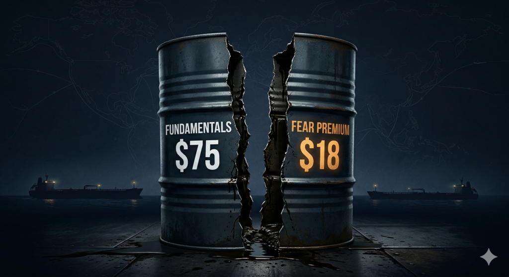 Brent crude oil barrel split between fundamental price and geopolitical risk premium — oil investing framework 2026