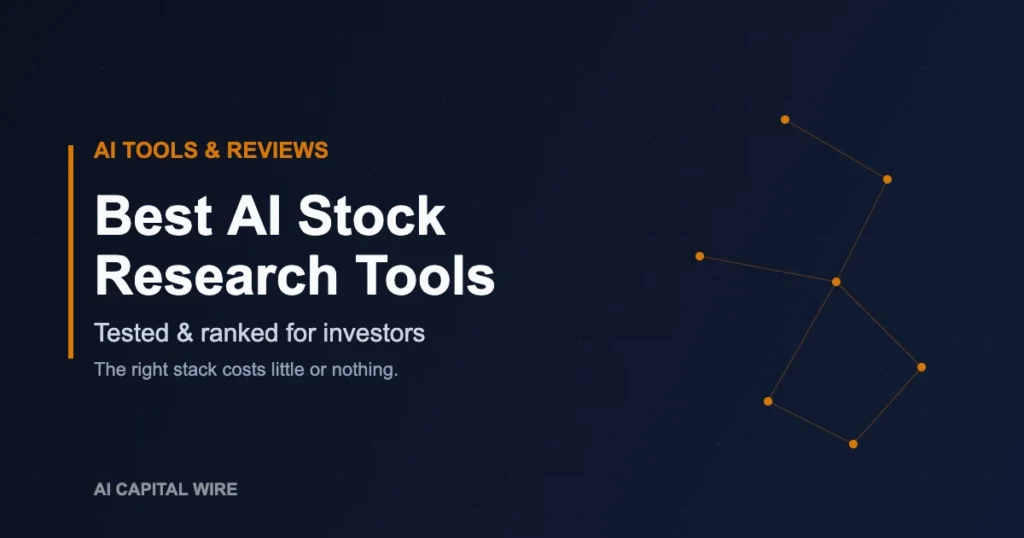 Editorial graphic ranking the best AI stock research tools for investors including TradingView and Seeking Alpha