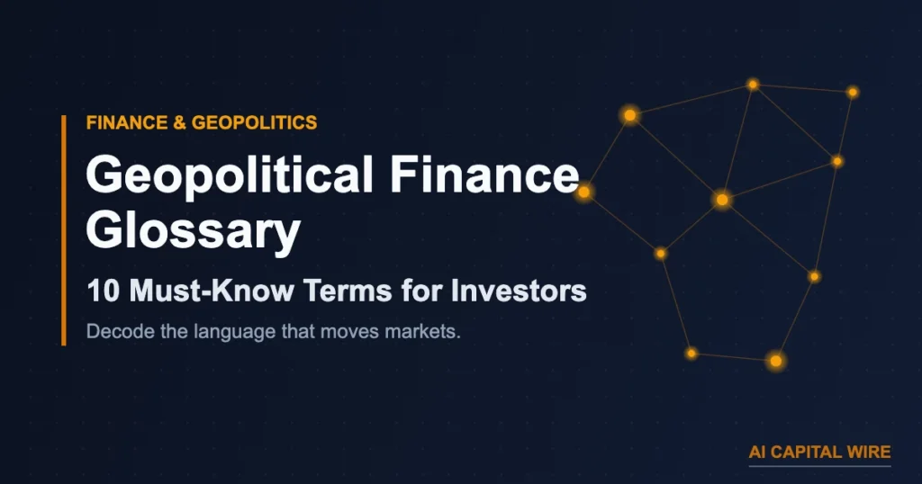 Editorial graphic for a geopolitical finance glossary defining 10 must-know terms that move markets for investors